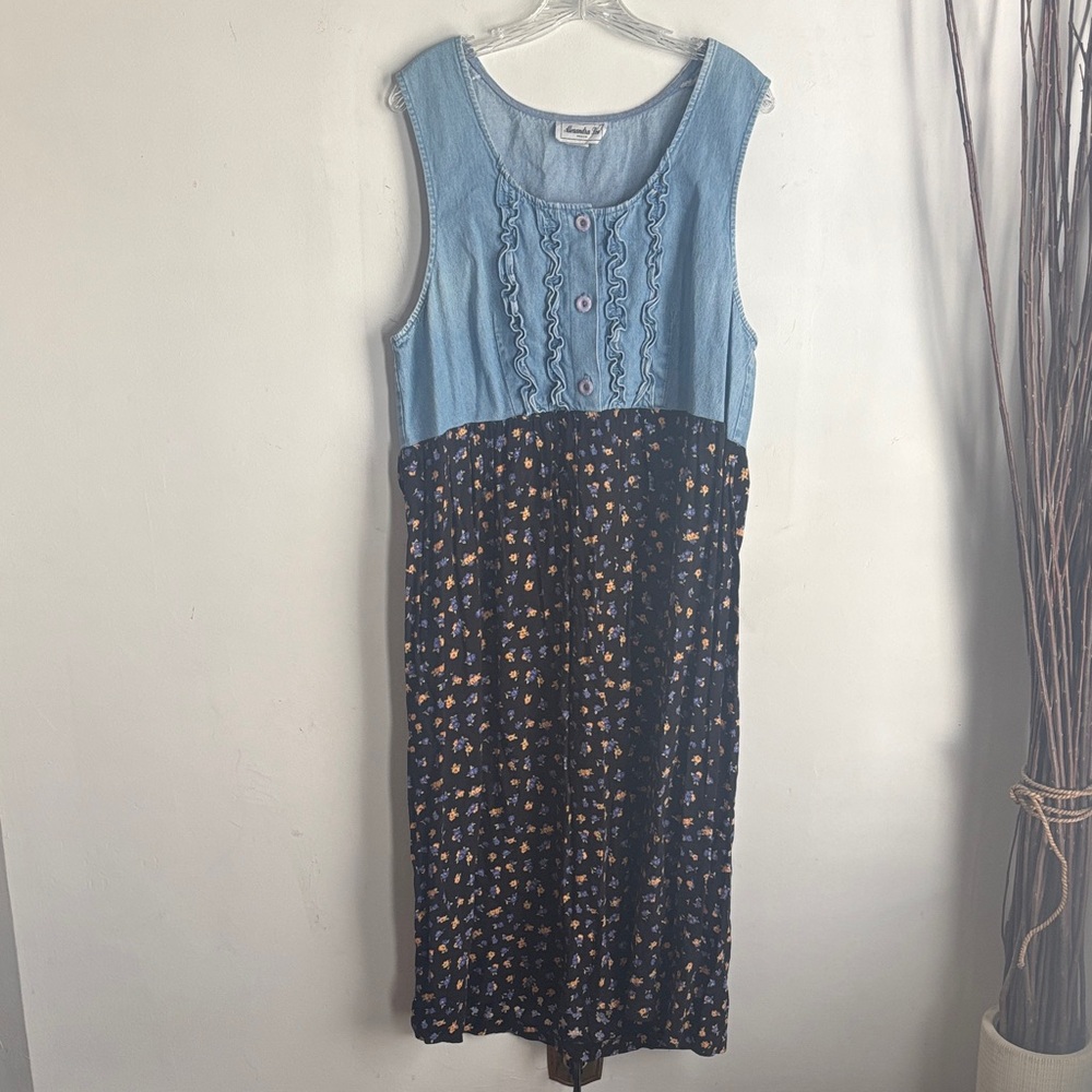 Vintage | Alexandra Lee Denim-Top Floral Sleeveless Midi Dress Sz 14